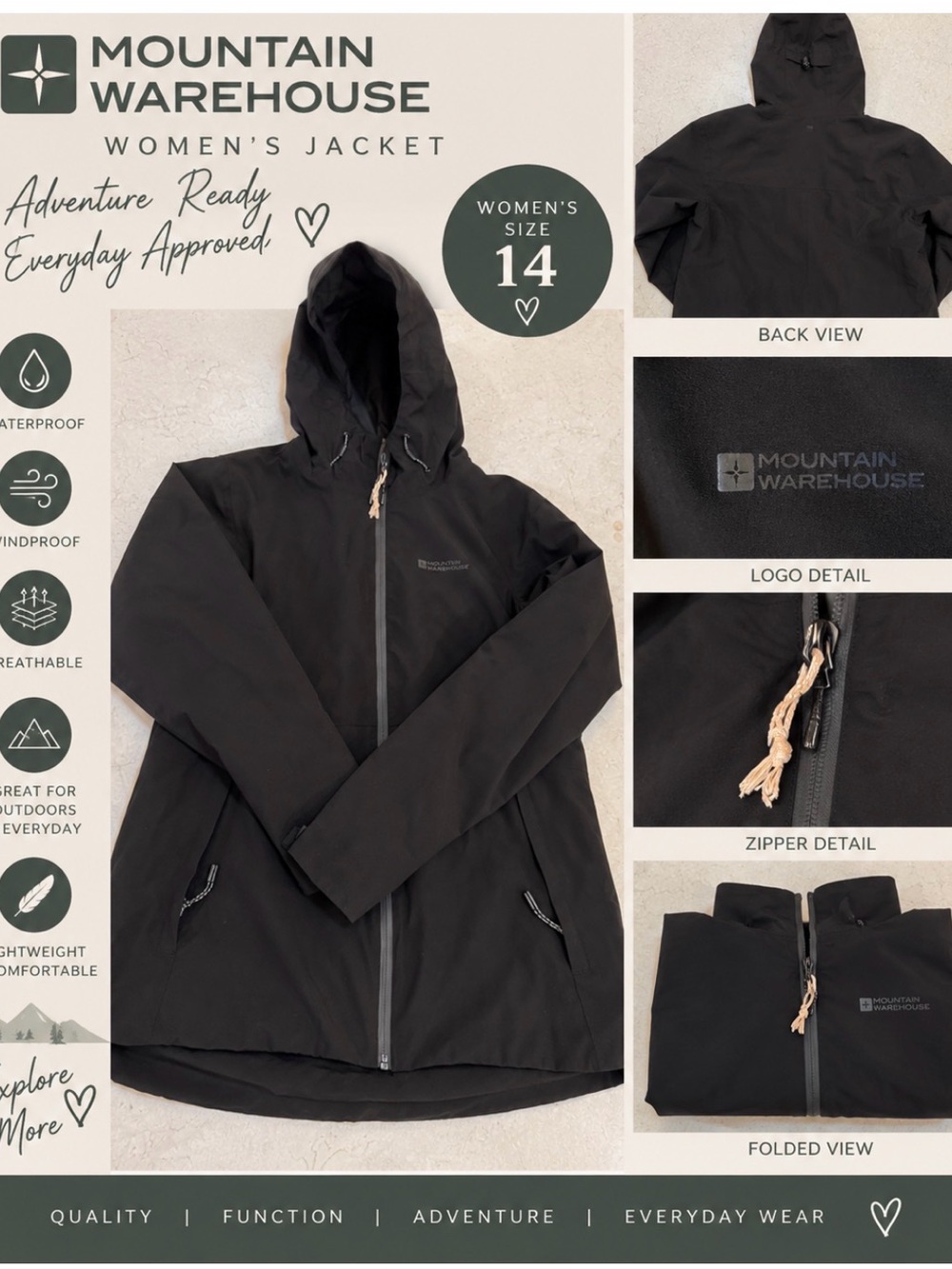 🖤 Mountain Warehouse Women’s Waterproof Jacket – Size 14 / XL